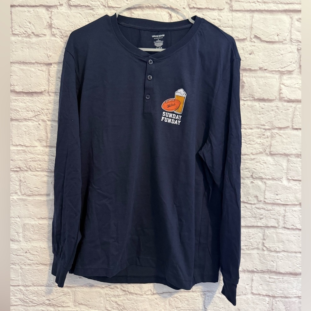 Life is Good Shirt Mens Size L Sleepwear Navy Blue Long Sleeves Football